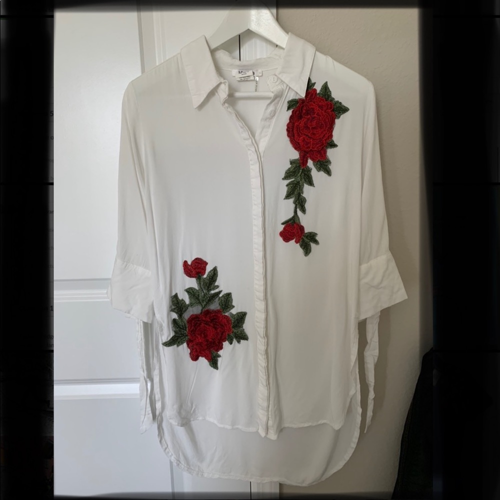 Rose Embroidered Button Up Long Shirt Dress